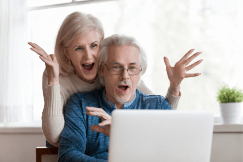 LDR extends state income tax deadline due to coronavirus public health emergency! Sensible Services ABC, Hammond La.; image of excited older couple in front of laptop